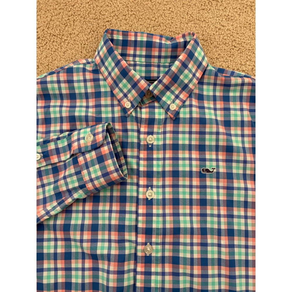 Vineyard Vines Button Down Shirt Large/16 Blue Green Plaid Performance Stretch